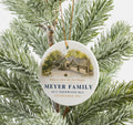 Finished personalized ceramic watercolor home Christmas ornament with hanging ribbon