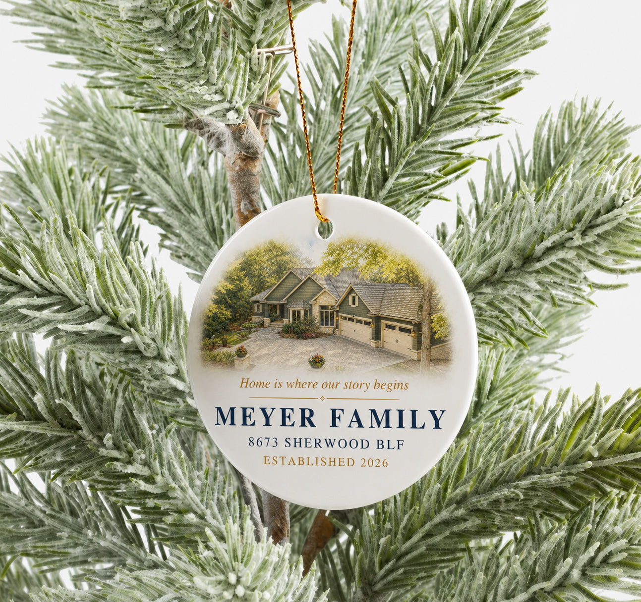 Finished personalized ceramic watercolor home Christmas ornament with hanging ribbon