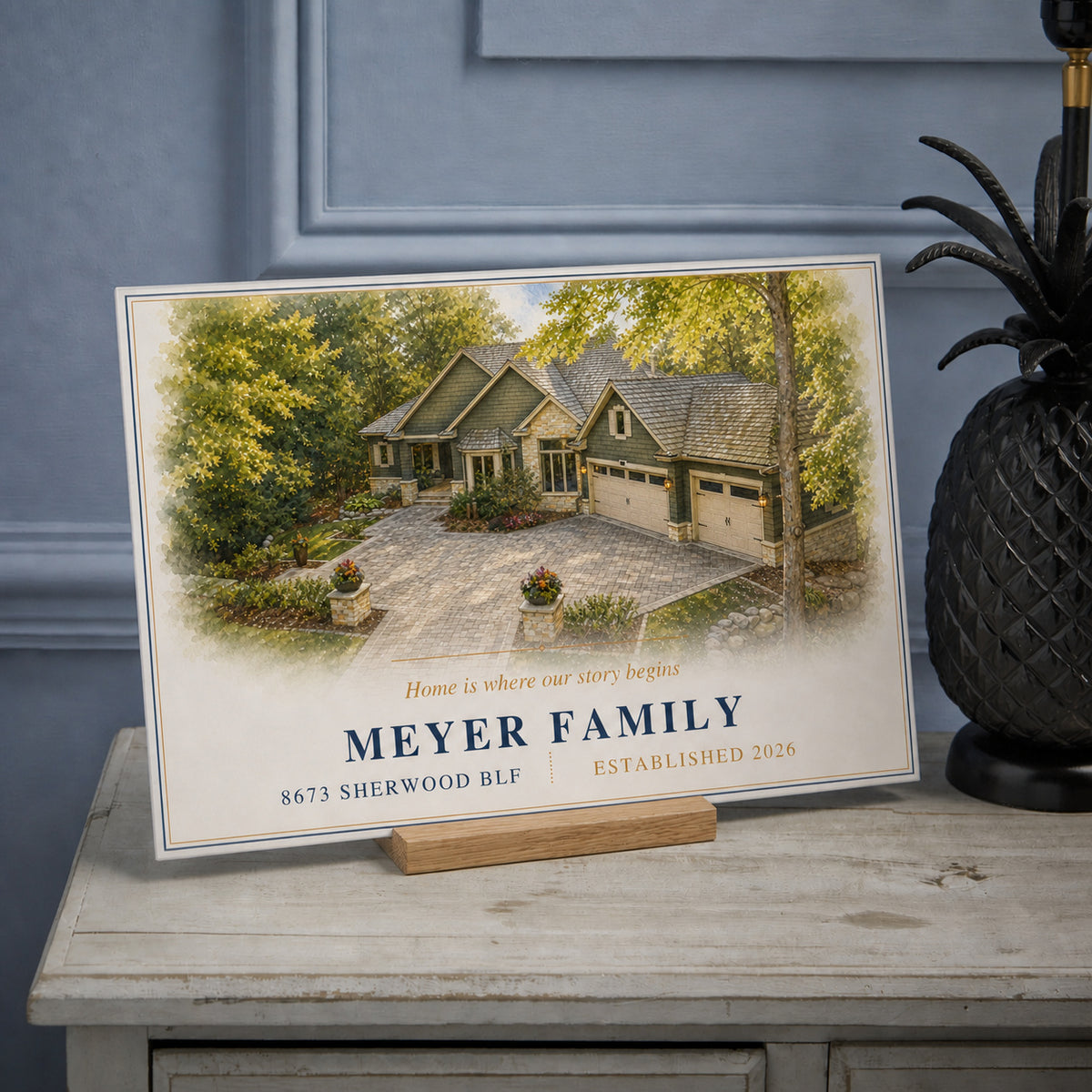 Example 11x14 gallery board displayed on a solid oak stand