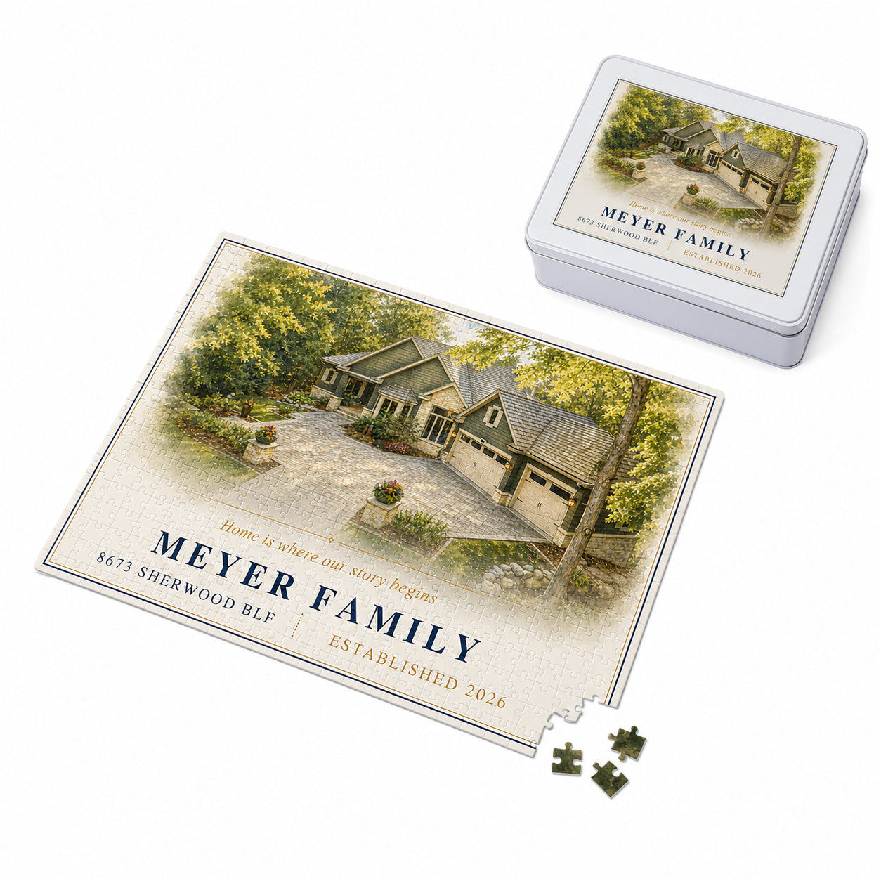 Finished personalized 500-piece watercolor home puzzle with matching metal tin
